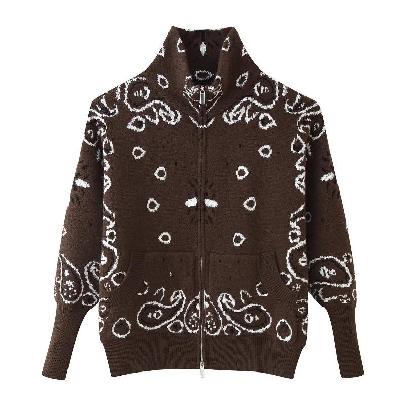 Women Long Sleeve Knit Cardigan Jacket Zipper Decor Geometric Pattern Loose Fit