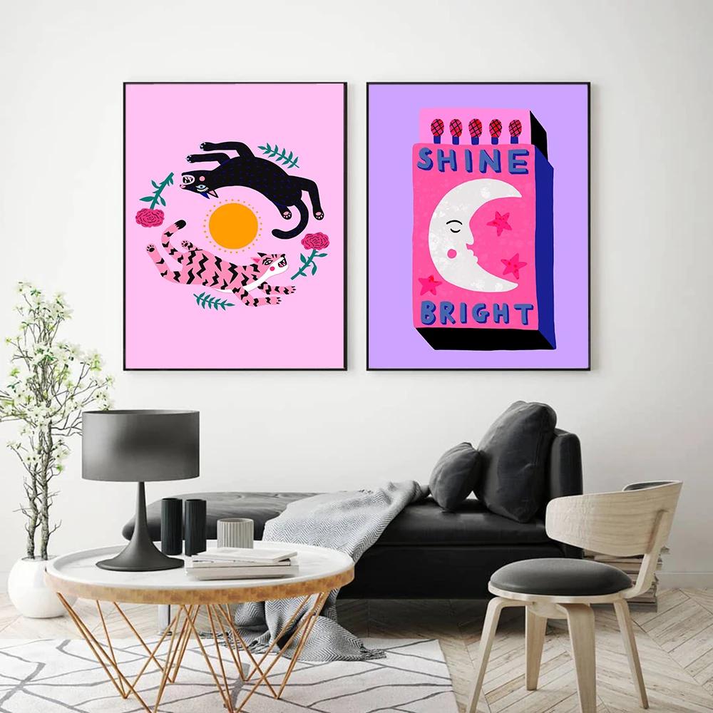 Sun Star Tarot Card Tiger Leopard Art Poster Print Abstract Cat Animal Mural Canvas Painting Pink Picture Living Room Home Decor