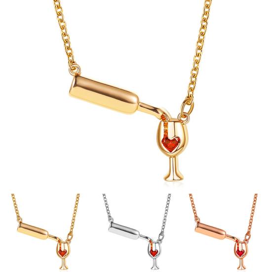 Wine Cup Pendant Clavicle Necklace Elegant Copper Heart Rhinestone Women Necklace Party Jewelry