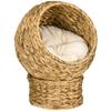 Woven Banana Leaf Elevated Cat Bed Wicker Kitten Basket Pet Den. House Cosy Cave with Soft Cushion Dome 42x33x52cm Brown
