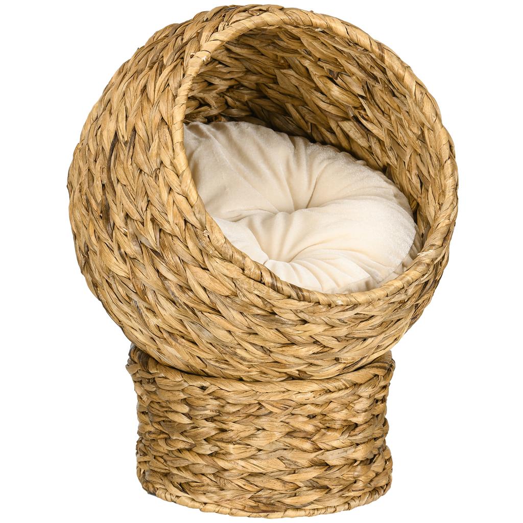 Woven Banana Leaf Elevated Cat Bed Wicker Kitten Basket Pet Den. House Cosy Cave with Soft Cushion Dome 42x33x52cm Brown