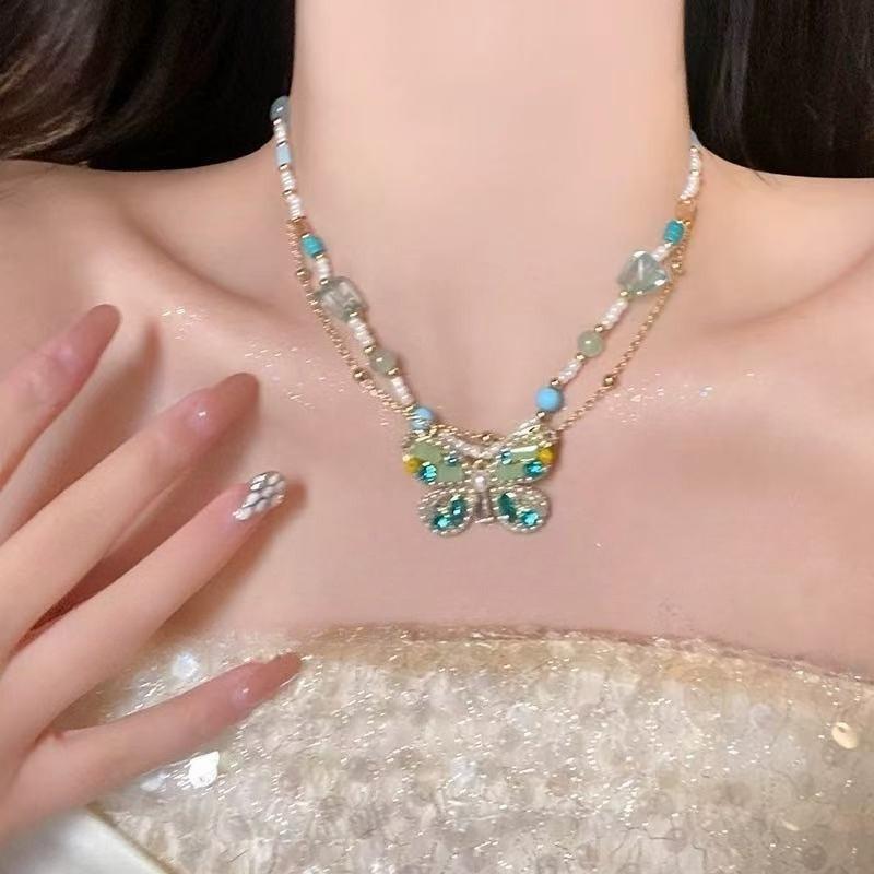 Super Fairy French Butterfly Drop Glaze Beaded Necklace Niche Design Sense Temperament Fashion Style Necklace
