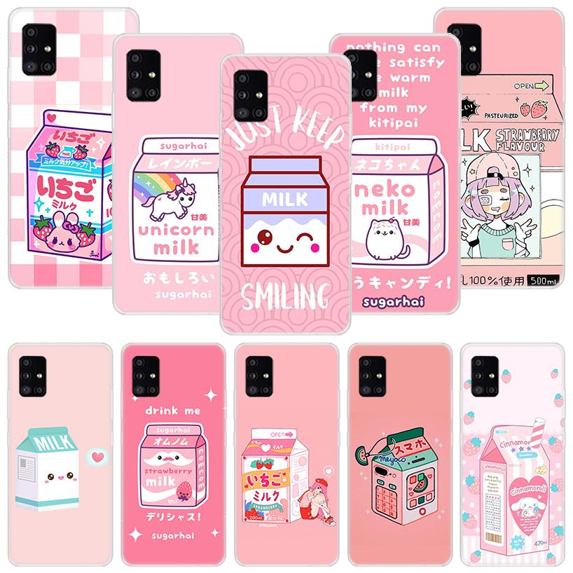 Kawaii Japanese Strawberry Milk Box Phone Case For Samsung Galaxy A14 A15 A13 A12 A54 A55 A53 A52 A04S A24 A25 A23 A22 A34 A35 A