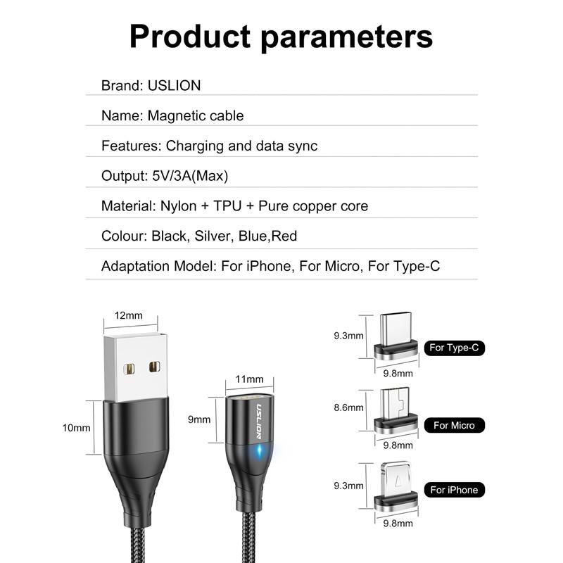 USLION Mágneses kábel Micro USB Type C iPhone12 világító kábel gyorstöltő vezeték C típusú mágneses töltő telefonkábel