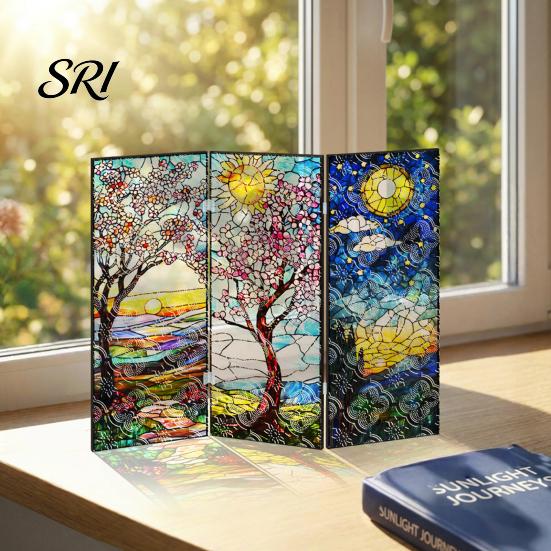Colorful Folding Screen Mini Decorative Stained Glass Effect 3 Panel Divider Acrylic Desktop Office Desk Decoration Ornament for Home Living