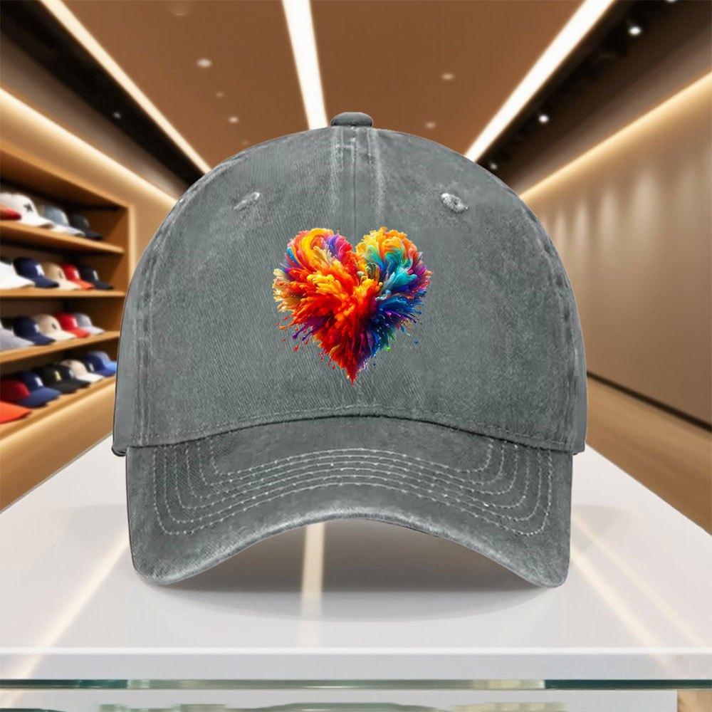Multicolor Explosion Heart Print Baseball Cap Adjustable Polyester Casual Snapback Hat for Men Women