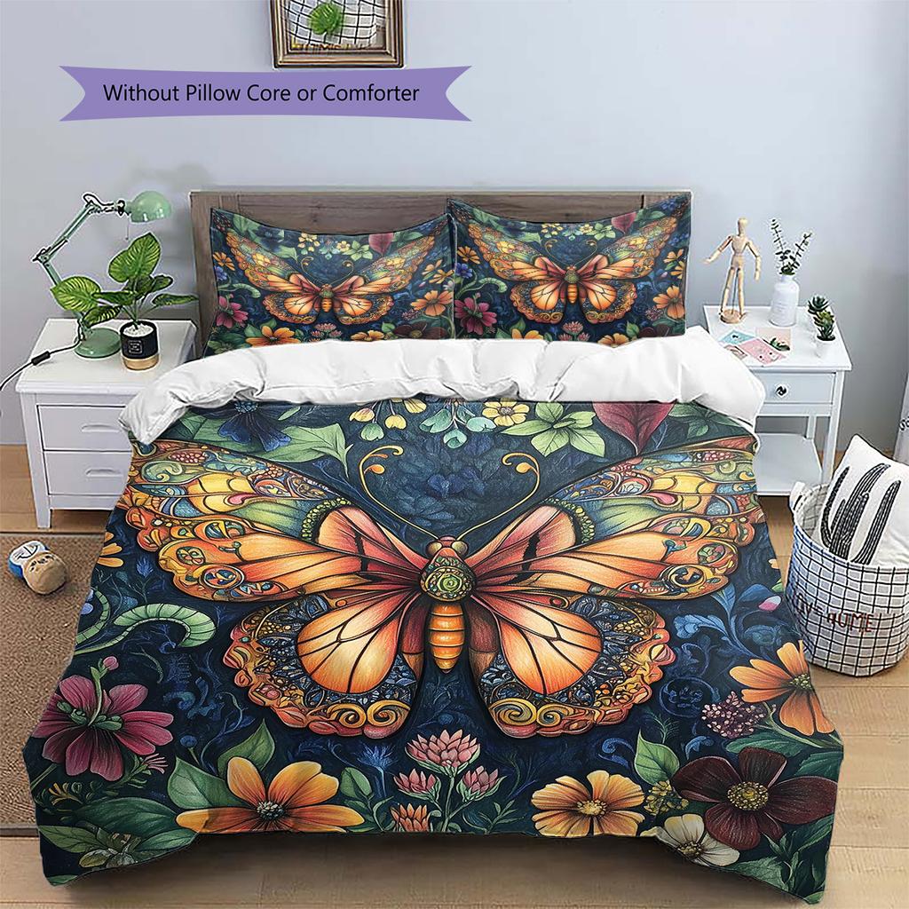 Butterfly in Flower Bushes  Pattern Bedding Quilt Set Quilt Cover Pillowcase Home Decoration  Gift (1 * duvet cover + 2 * pillowcase, without core)