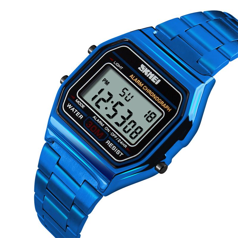 Skmei Unisex Digitale Armbandhorloges Luxe Roestvrij Staal Band LED Waterdicht Chronograaf Mode Wekker Mannen