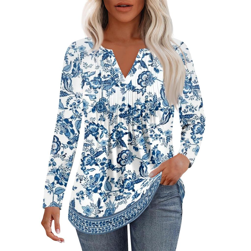 Damska Moda Casual Plisowana Koszulka z Dekoltem V w Jednolitym Kolorze z Długim Rękawem Eleganckie Bluzki