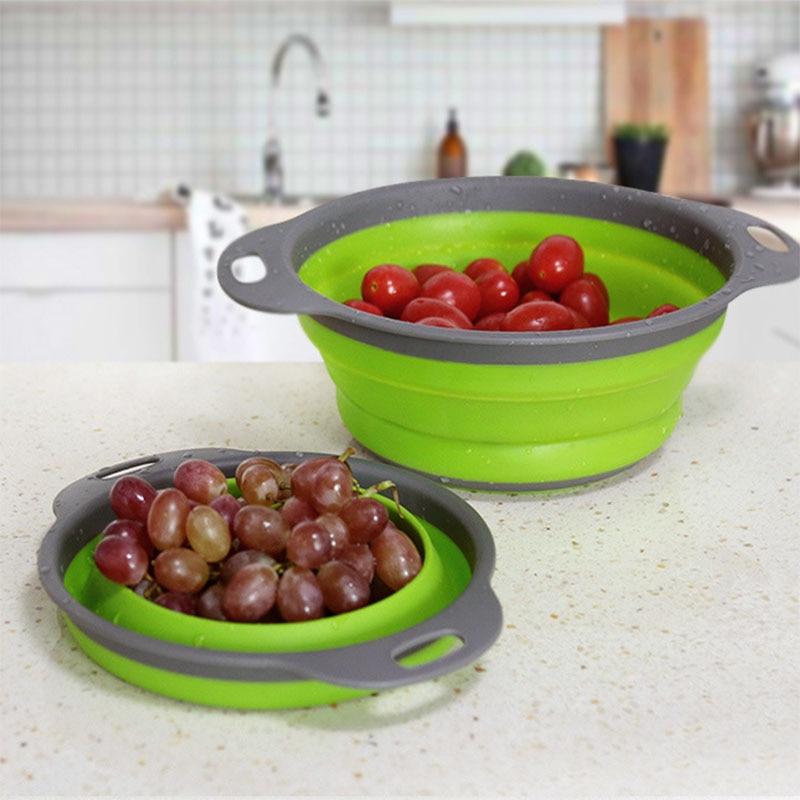 Creative Green Silicone Round Folding Vegetable Fruits Washing Drain Basket Colander Strainer Collapsible Drainer Kitchen Tool