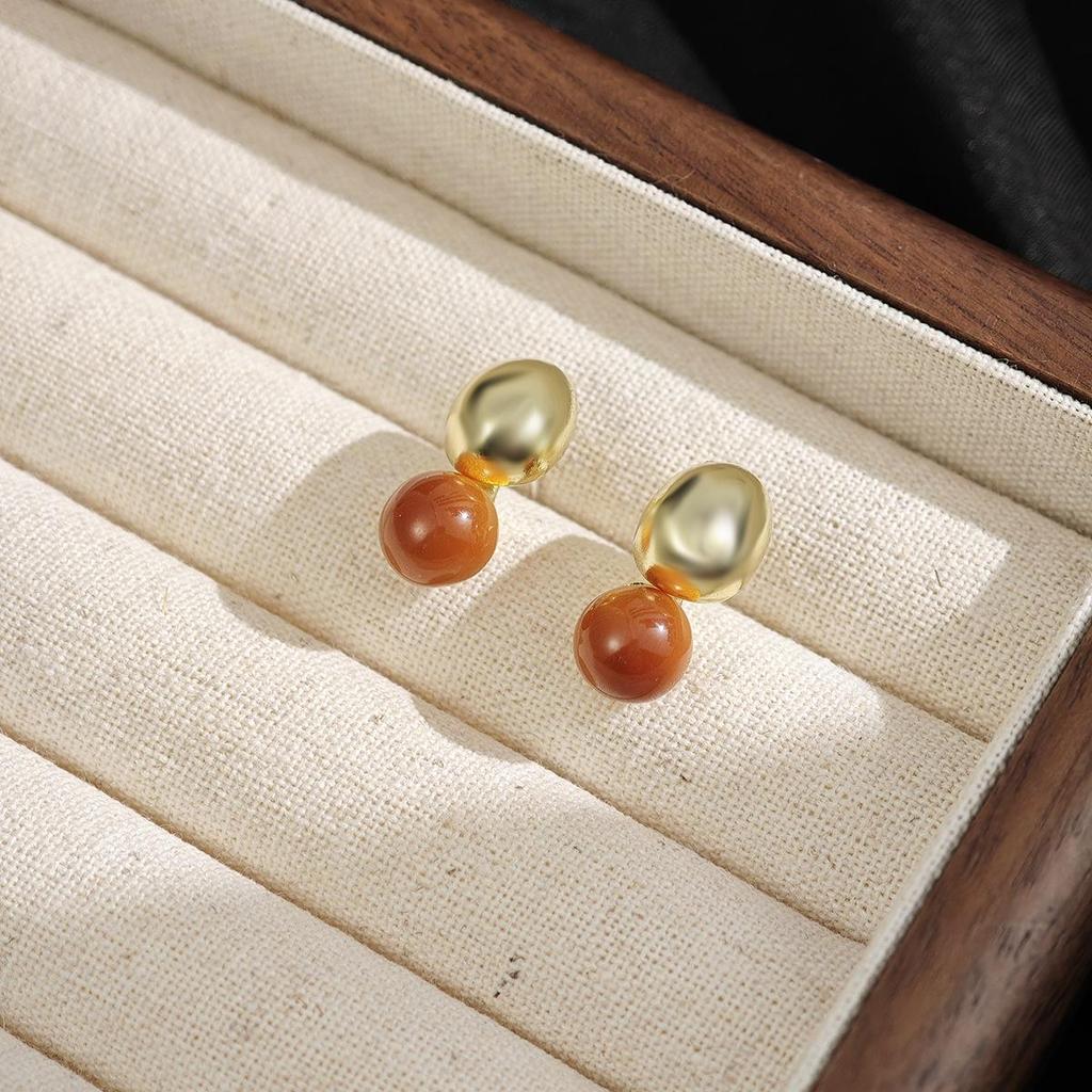Silver Needle Maillard Tiger Eye Oval Two-Way Stud Earrings - Light Luxury, High-End Style for Women