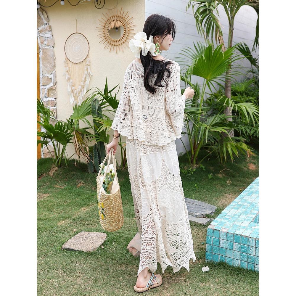 DIMANAF 2025 Women New Suit Skirt Knitting Beach Short Sleeve Lace Hollow Out Sexy O-Neck Hollow Summer Style Tops Tees Loose Basic