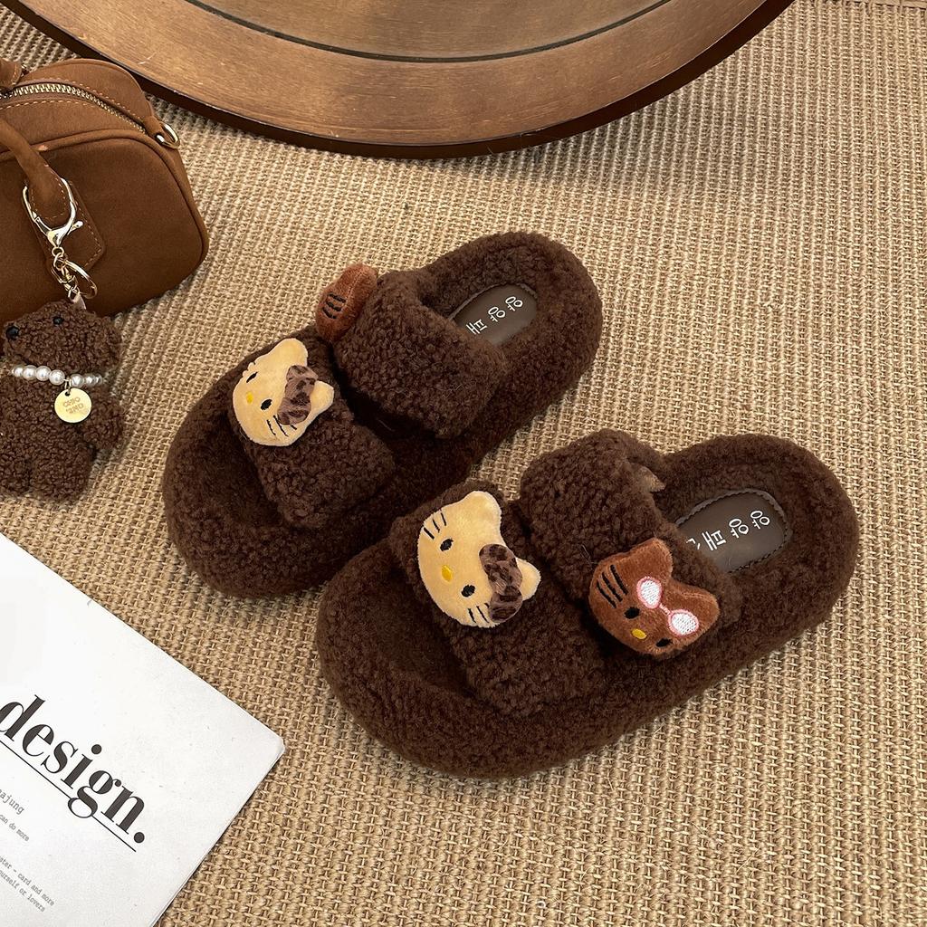Cute cartoon black non-slip thick-soled fluffy slippers for women's outer wear 2025 new autumn and winter versatile soft bottom one-word drag