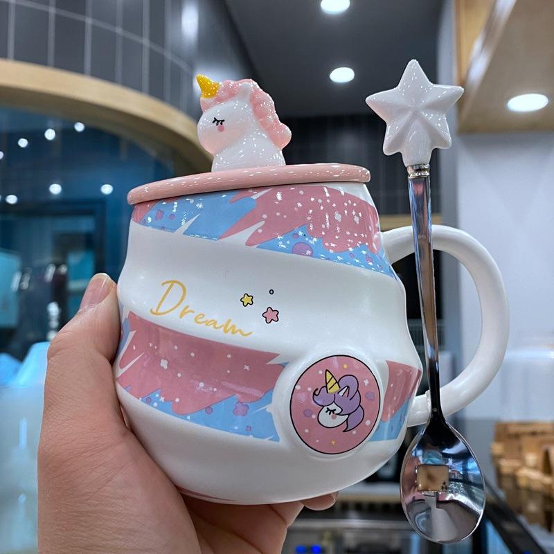 Unicorn Water Cup Rainbow Mug Coffee Cup with Lid Spoon Cute Girl Home Drinking Water Cup Ceramic Cup