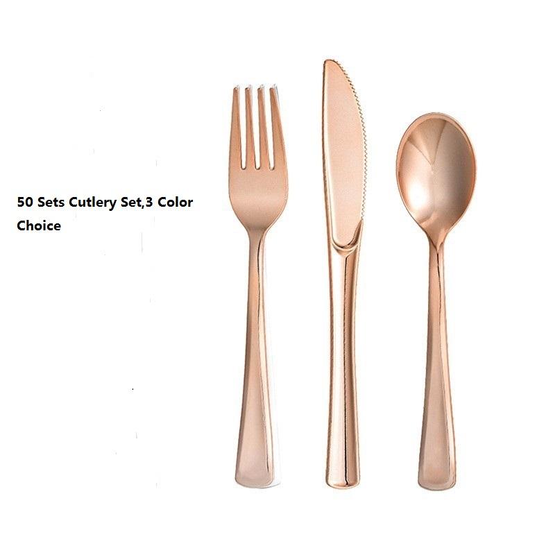 

Элегантный одноразовый набор столовых приборов - нож, ложка и вилка(50 каждый) Золотой, цвет розового золота и серебряный на выбор столовые приборы для свадебной вечеринки розового золота