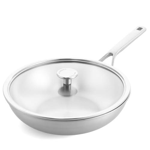 

High Quality Triply Stainless Steel Eco-Friendly Non-Stick Deep Frypan Wok Set Stay Cool Handle Custom Logo Tempered Glass Lid 16cm-25cm