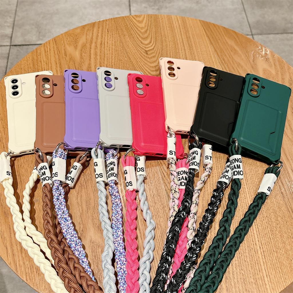 Braided Crossbody Lanyard Strap Phone Case for Samsung Galaxy S24 S23 S21 FE Plus S25 S22 Ultra Wallet Card Bag Silicone Cover