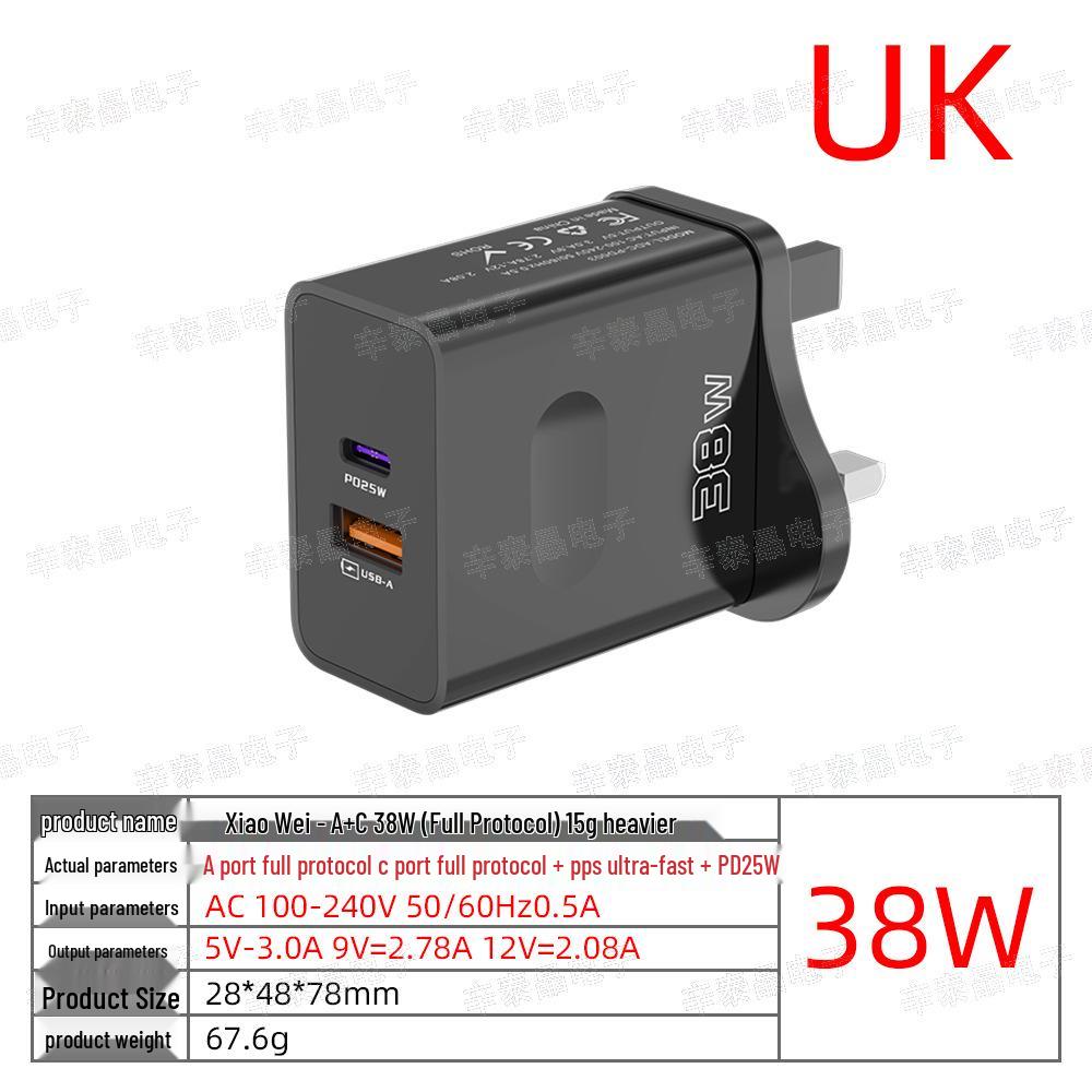 38W Dual-Port USB+PD Fast Charger with EU/US/UK Plug