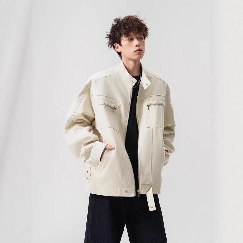 American washed canvas jacket men's spring and autumn trendy brand short stand-up collar tooling jacket pocket ruffian handsome couple top