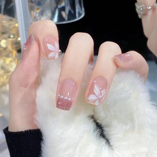 

1 Set Fadeless Nail Full Gloss Detachable FALSE Cover DIY Elegant Short Camellia Fake Pearl