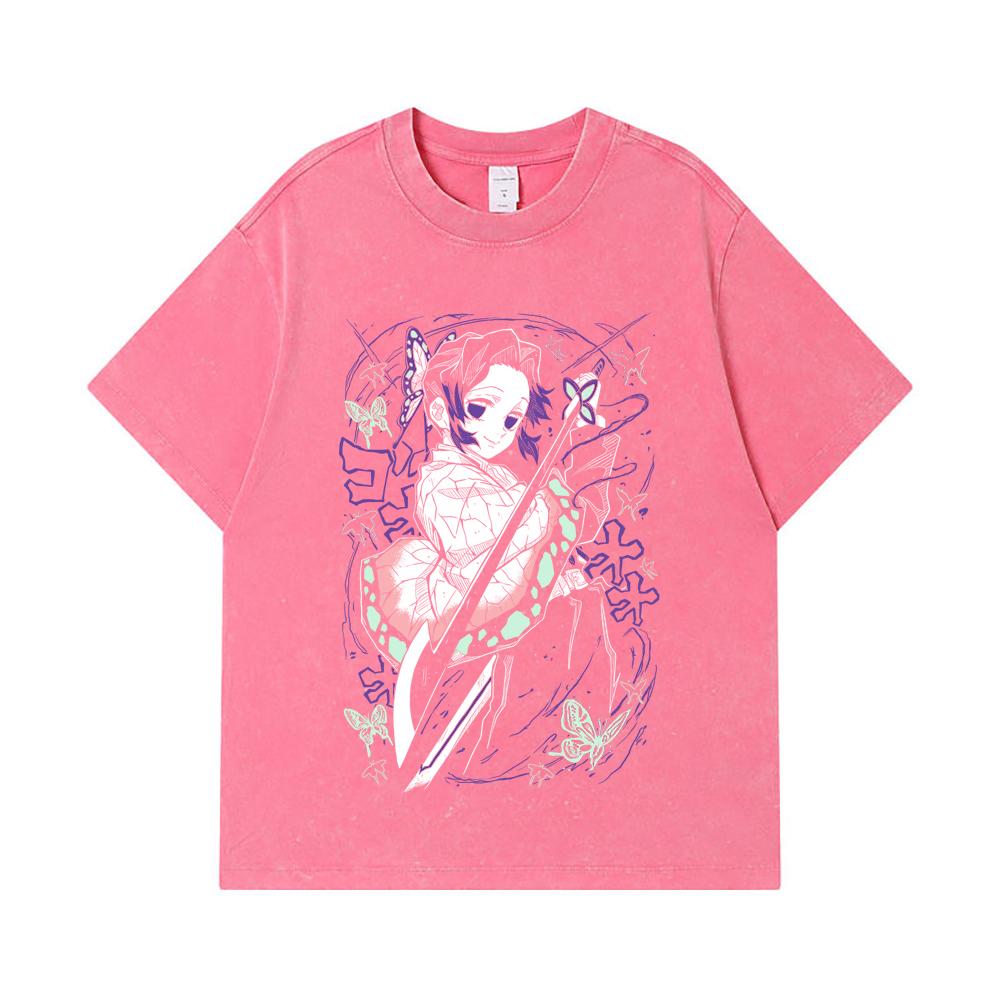 275 GSM Washed T-shirts 100% Cotton Demon Slayer V44 Shibobu Print Unisex Heavy Cotton T Shirt