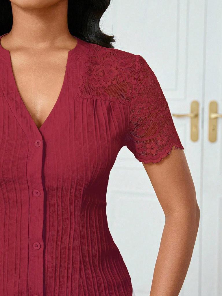 Women's Summer V-neck Embroidered Hollow Short-sleeve Shirt