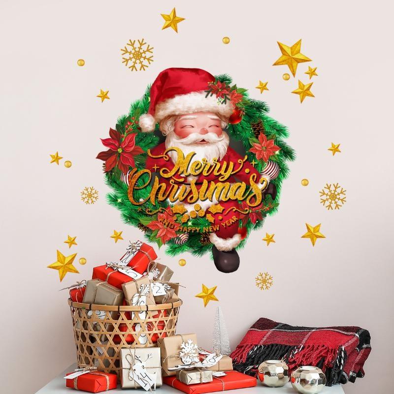 English Merry Chirstmas Santa Claus Wreath Wall Sticker with Double-sided Visible Glass Wall Sticker