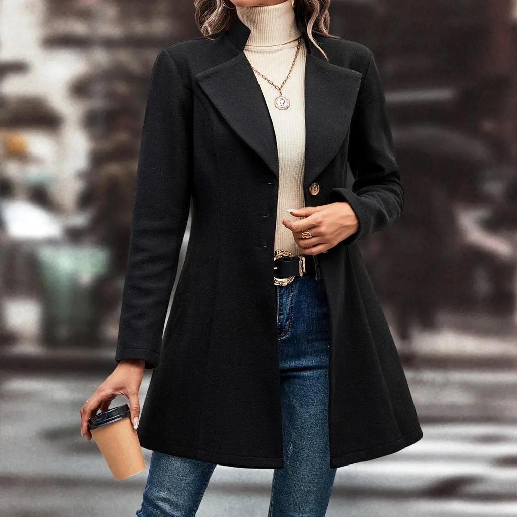 Ropa de mujer de estilo europeo: Abrigo entallado elegante y con estilo con cuello, adecuado para otoño e invierno, disponible en colores lisos.