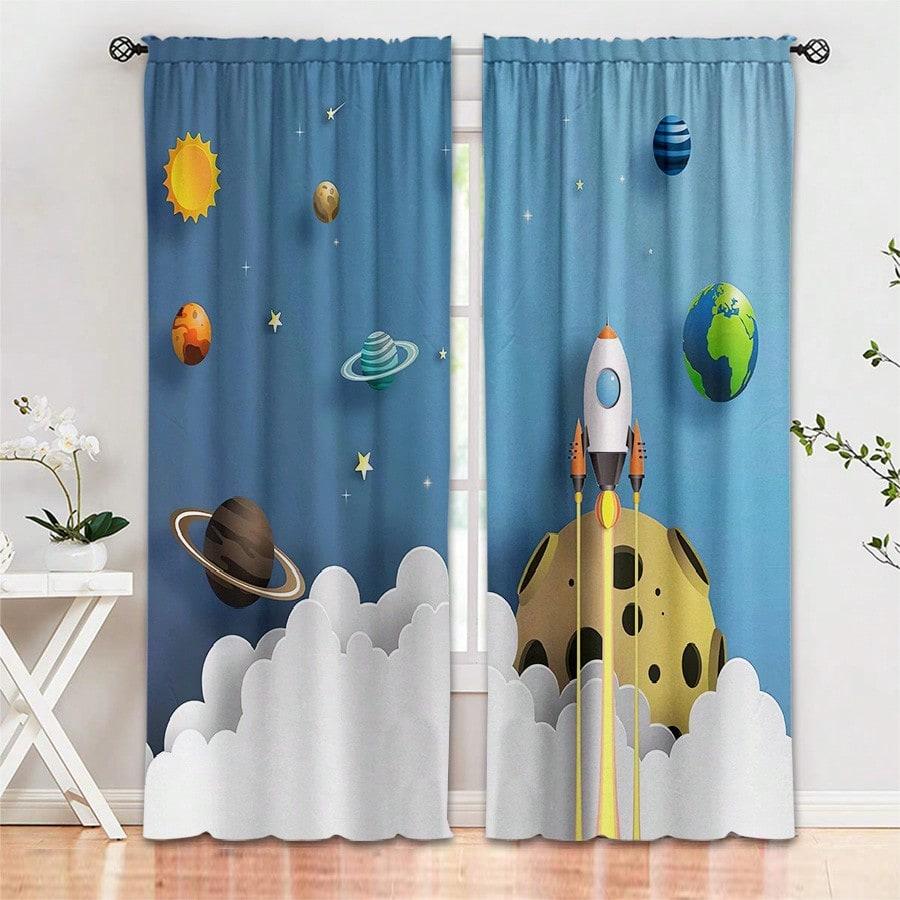 2PCS Outer Space Galaxy Rocket Cartoon Pattern Background Printed Curtains   Non Porous Curtains   Reference Bedroom   Office