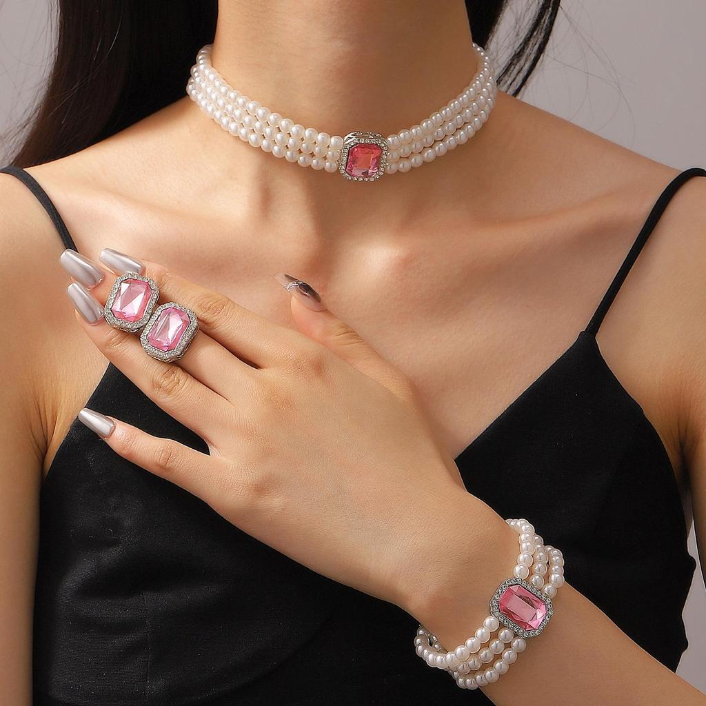 European & American Fashion Multi-Layer Pearl Crystal Jewelry Set: Necklace, Earrings & Bracelet