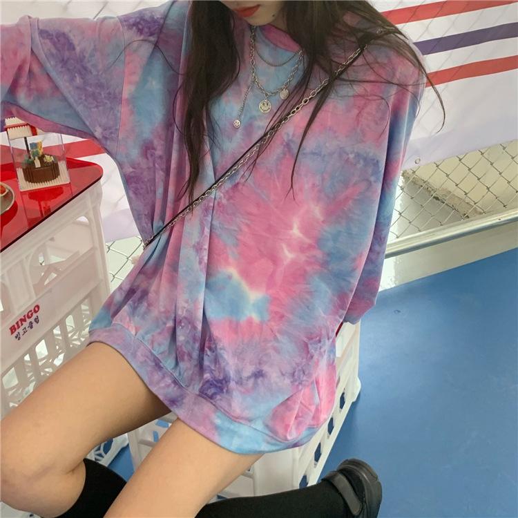 Women Casual Loose Tie Dye Mid Length Crew Neck Long Sleeve Sweatshirt Coat