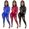 Women's European and American Style Sexy See-through Mesh Patchwork Stand Collar Jumpsuit
