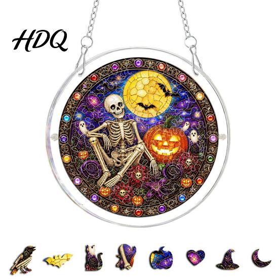 Colorful Light Catcher Acrylic Jigsaw Puzzle Suncatcher, Stained Glass Style Halloween Skeleton Ghost Suncatcher Sun for Gothic Window Wall