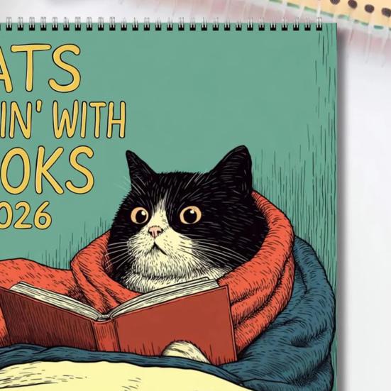 Cats Chillin' With Book 2026 Wall Calendar Funny Cat-Themed 12 Monthly Planner
