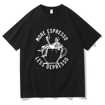 Summer Men's More Espresso Less Depresso Skeleton Drinking Coffee Pattern Print Horror Style 100% Cotton Short-sleeved T-shirt