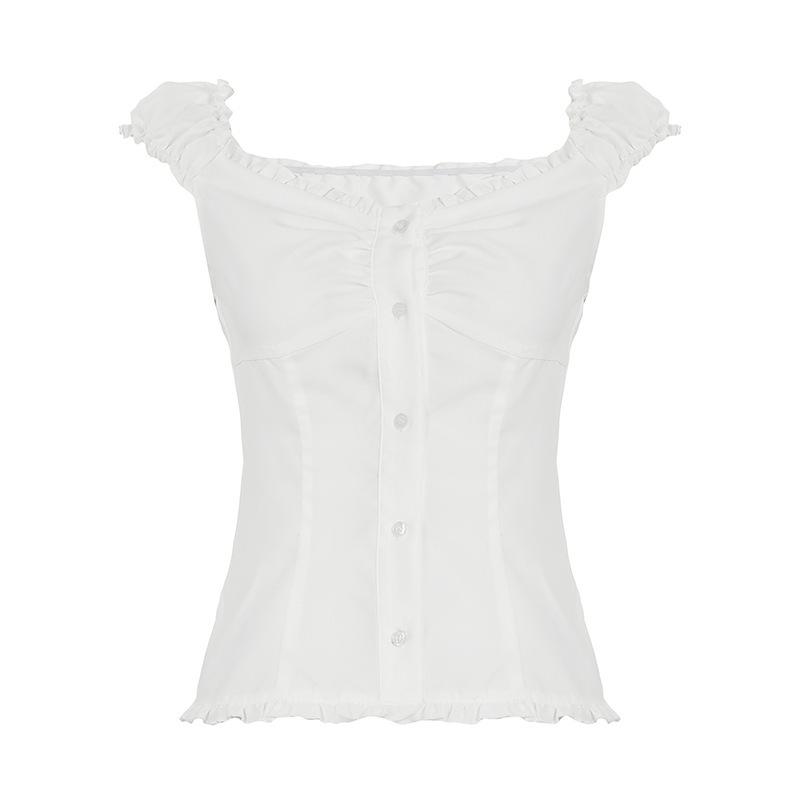 

French ballet style fungus edge white shirt top women s summer pleated slim one-word collar casual short-sleeved T-shirt S белый