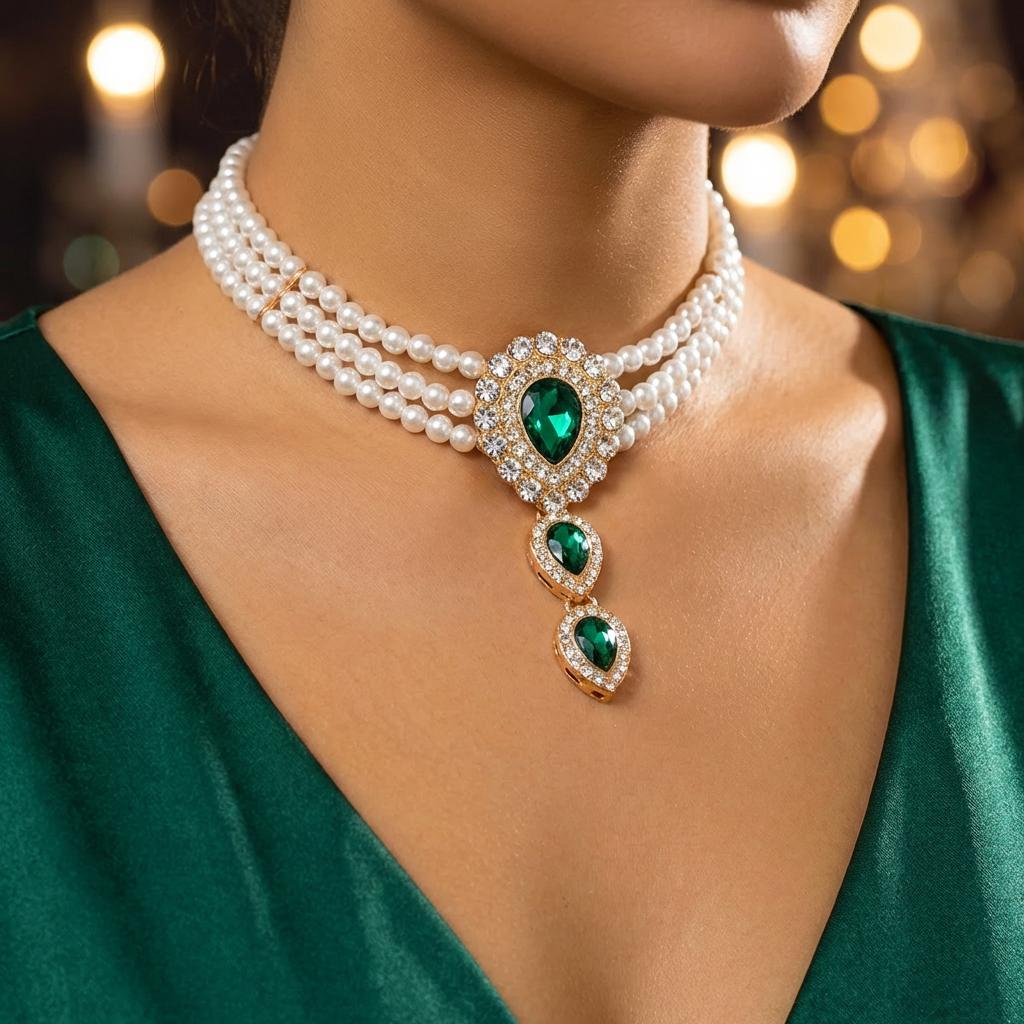 Retro Micro Inlaid Rhinestone Imitation Pearl Choker for Women Luxury Crystal Water Drop Pendant Necklace Party Wedding Jewelry