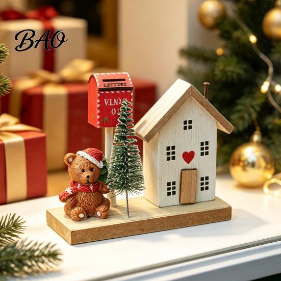 Christmas Showcase Display Mini Village House Figurine, Winter Scene Ornament with Snowman Hand Painted Wood Town Bear & Mailbox, Nordic Style Desktop