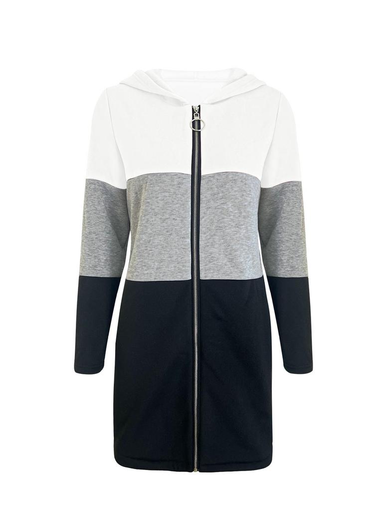 Women's Casual Color Block Hooded Jacket with Three-Color Splicing for Autumn/Winter