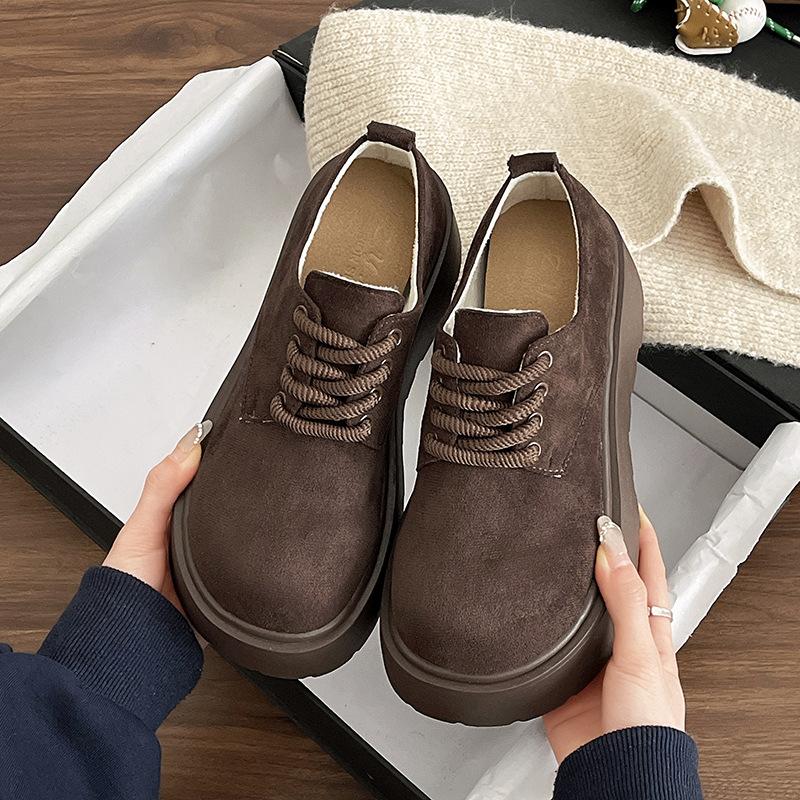 Thick-soled Small Leather Shoes Women's Autumn New Retro Women's Shoes Round Head Lace-up Deep Mouth Single Shoes