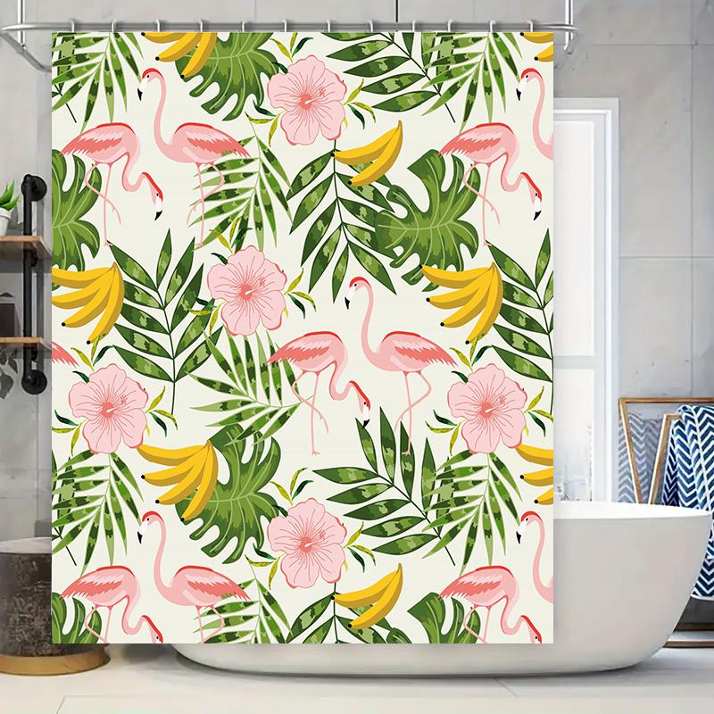 

Tropical Paradise Shower Curtain Pink Flamingos Green Palm Leaves Bath Decoration Waterproof Fabric Shower Door Cover Bathroom D W60H190(CM)-1 Pcs