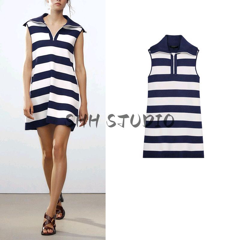 Spring and Summer New Women's Clothing Minimalist Wind Zipper Ornament Stripes Knitting Sleeveless Lapel Short Dress 9598081