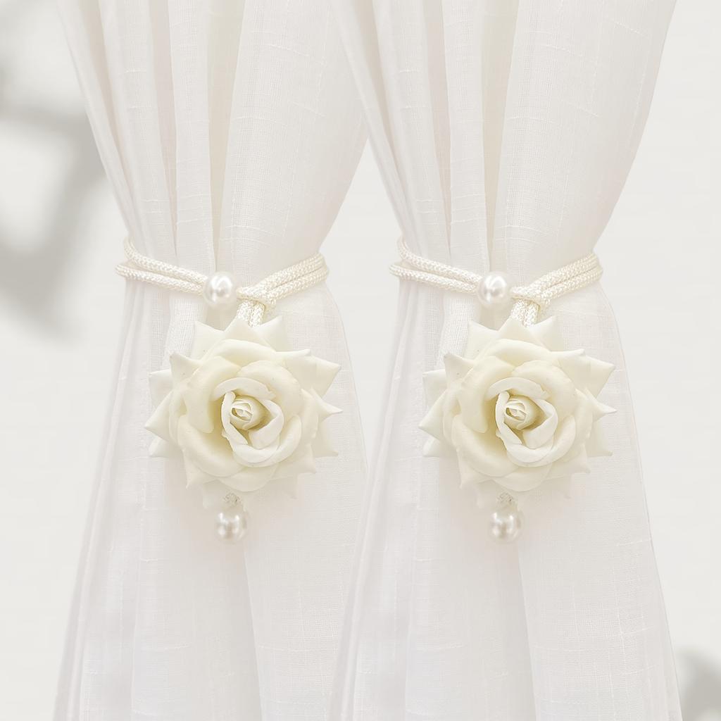 2Pcs Romantic Rose Curtain Strap Gauze Curtain Strap Simulation Rose Valentine's Day Decorative Curtain Strap