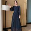 LYRIA New Women's Long Sleeve Belt Slim Long Dress High Quality Elegant Vintage Dots Pleated Big Hem Chiffon Dress