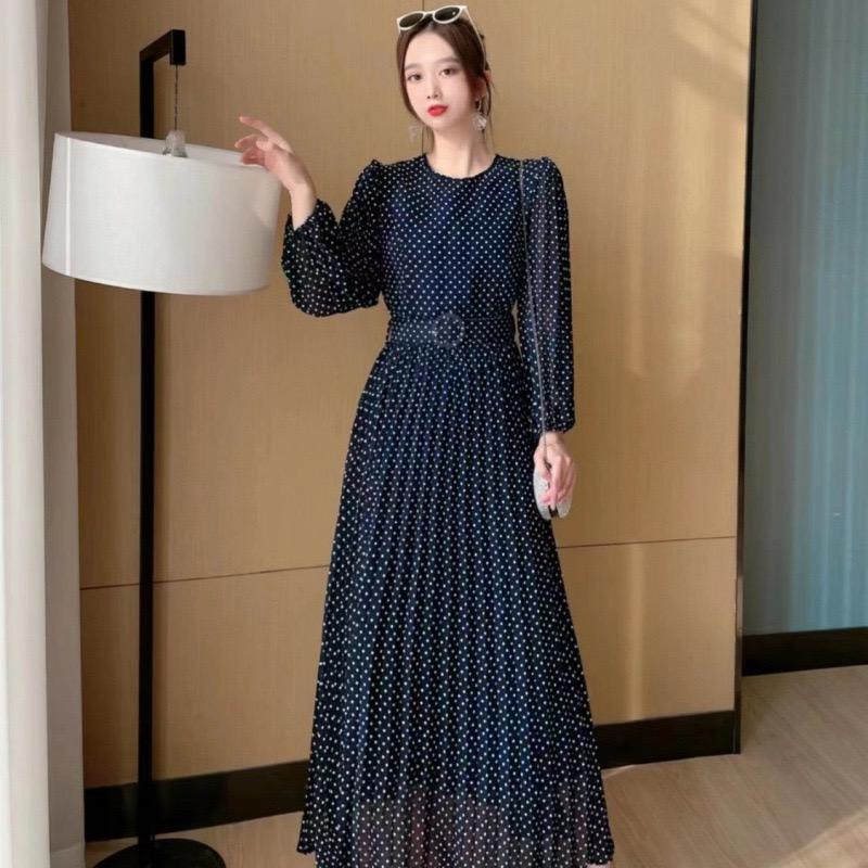 LYRIA New Women's Long Sleeve Belt Slim Long Dress High Quality Elegant Vintage Dots Pleated Big Hem Chiffon Dress