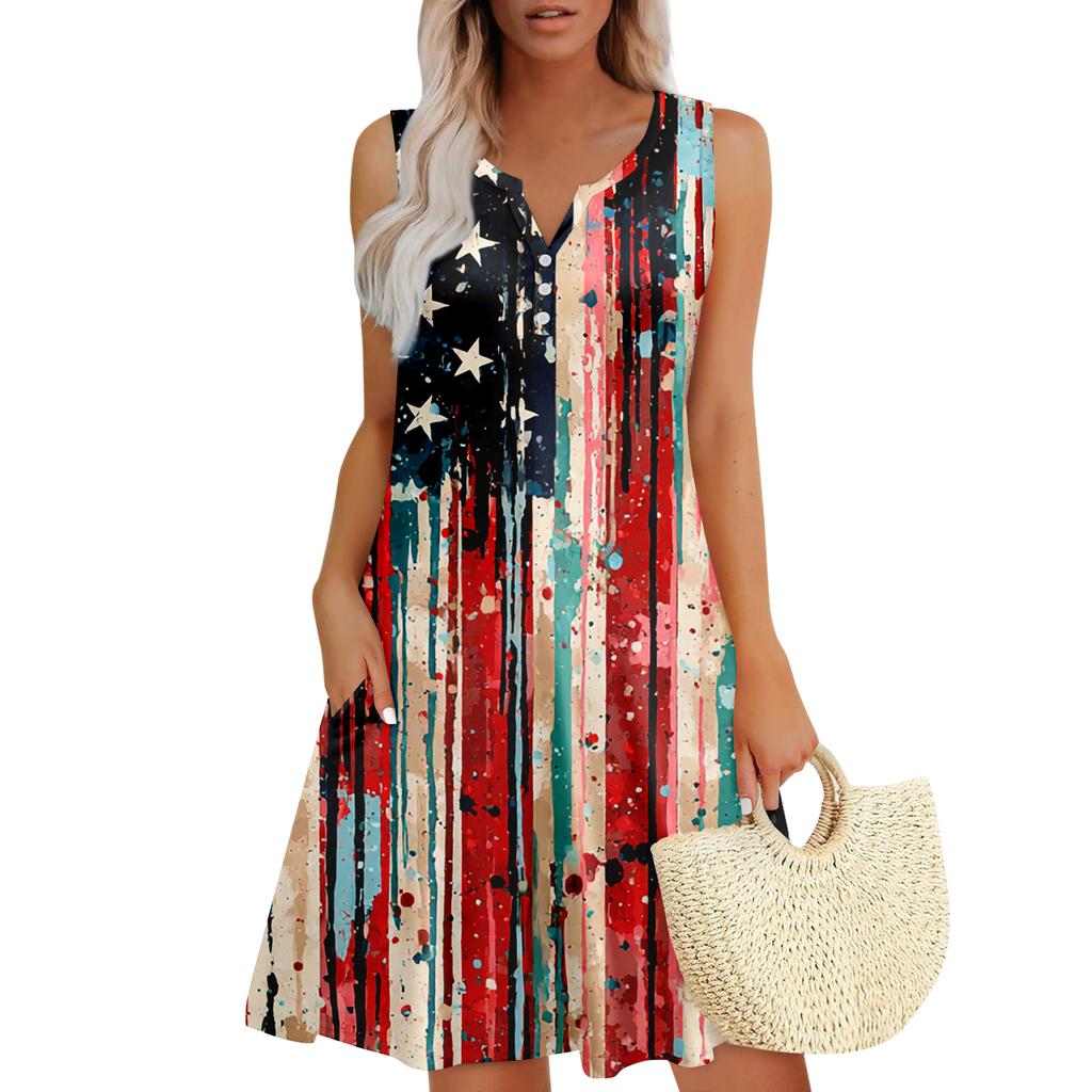 Damen Sommerkleider Lockeres V-Ausschnitt Ärmelloses Sommerkleid Kleid Mit Taschen