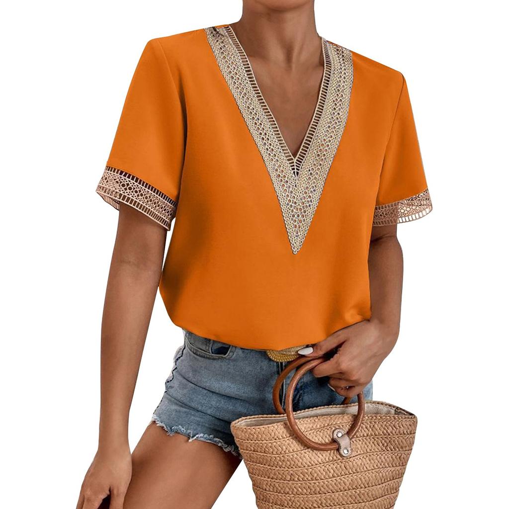 Women's Fashion Lace Trim Short Sleeve Chiffon Top