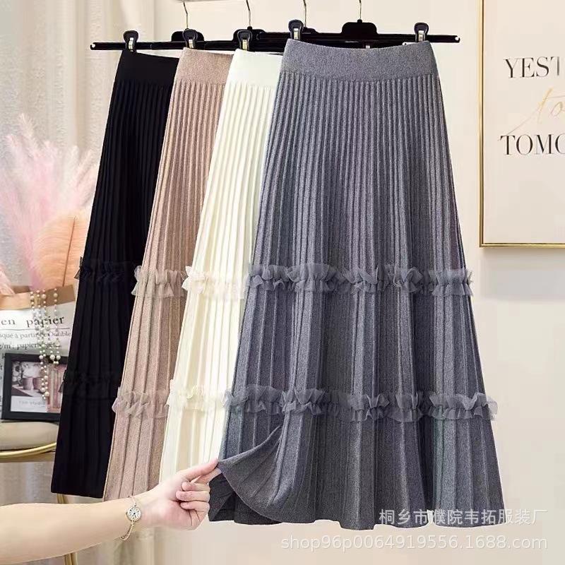 Pleated Skirt for Women Autumn and Winter High Waisted Mid Length Knitted Skirt A-line Skirt
