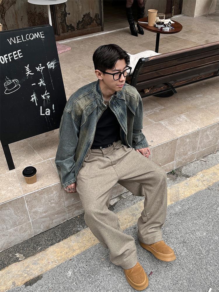 Men's High-End Heavyweight Deconstructed Denim Stand-Up Collar Jacket - Trendy American Retro PUNK Style