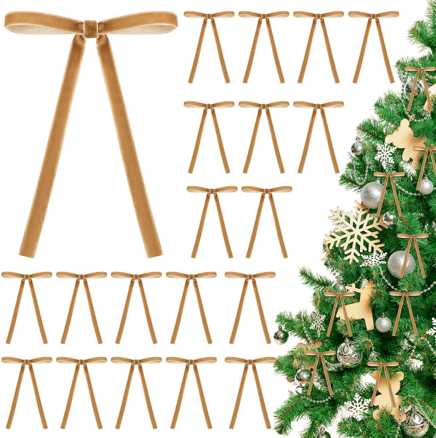 

40pcs Khaki Velvet Christmas Tree Bows, 5 x7 Clip-On Ornaments 0.6M хакі